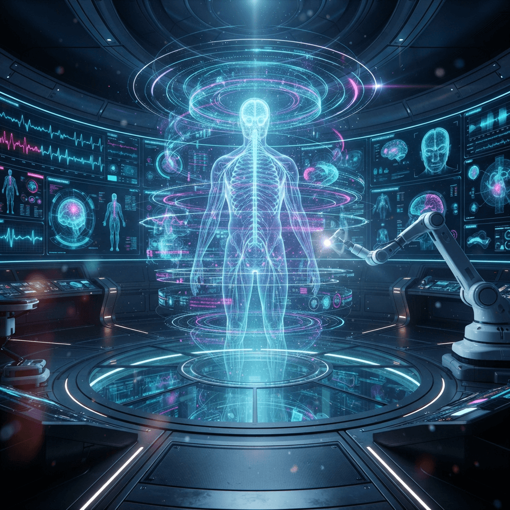 Futuristic holographic medical command bridge with a giant glowing full-body nervous-system hologram above a glass floor, orbiting data rings, a panoramic diagnostic display wall and a robotic treatment arm — Queens Pain Clinic advanced interventional care