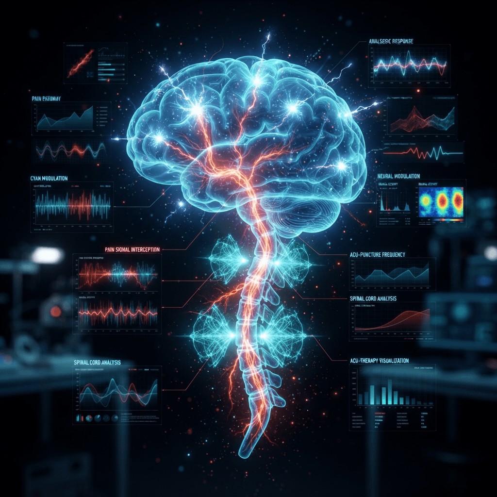Futuristic holographic brain and spinal cord visualization showing pain signal pathways being intercepted by acupuncture energy pulses in cyan and electric blue