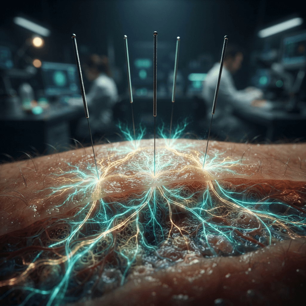 Macro close-up of ultra-thin acupuncture needles with bioluminescent energy pulses radiating from needle tips into skin tissue
