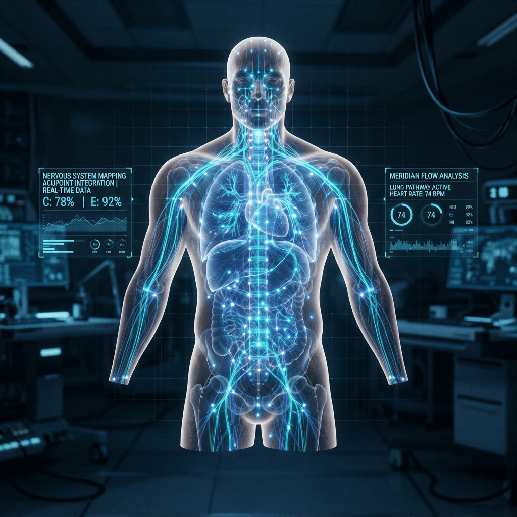 3D holographic visualization of acupuncture meridian pathways and neural network nodes glowing in cyan and blue on a translucent human torso
