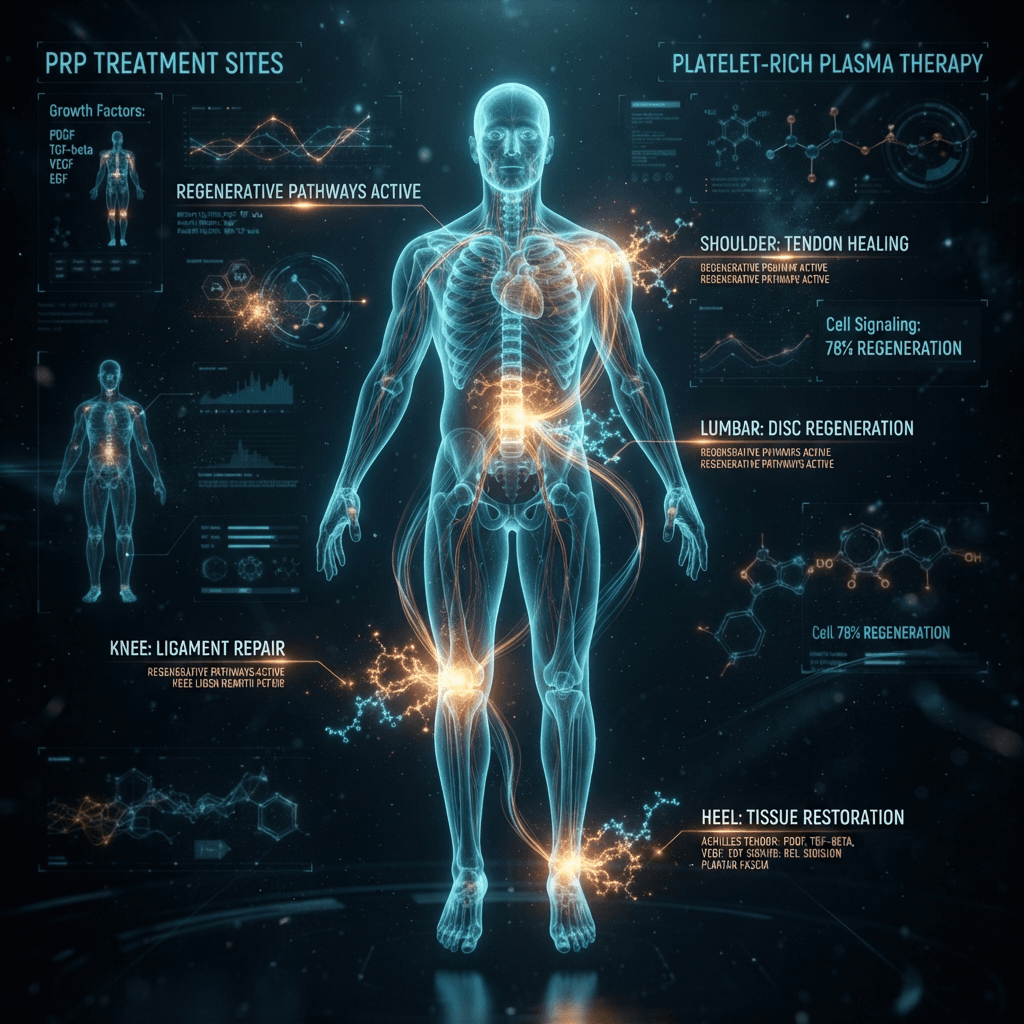 Full-body holographic figure showing regenerative injection treatment sites including ligaments, tendons, and joints with glowing collagen fiber networks