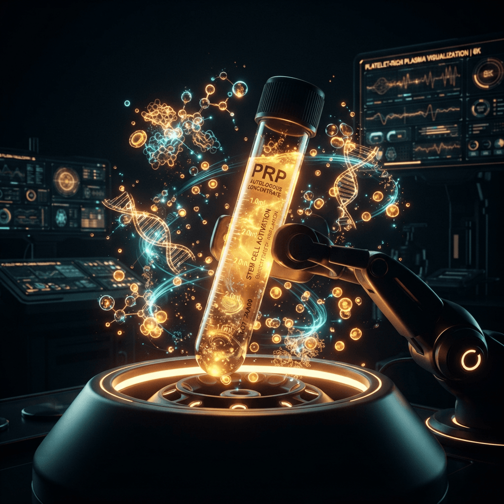 Holographic visualization of a PRP centrifuge tube with golden-amber platelet-rich plasma concentrate surrounded by glowing growth factor molecules and neon particle effects