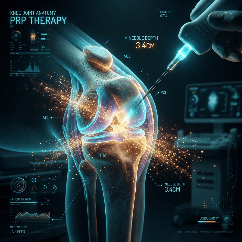Holographic cross-section of ultrasound-guided PRP injection into a knee joint with glowing cyan cartilage layers, precision needle tip, and golden platelet growth factors radiating from the injection site