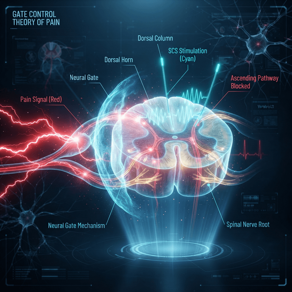 Holographic visualization of the gate control theory of pain showing red pain signals being intercepted by cyan SCS electrical pulses at the spinal cord