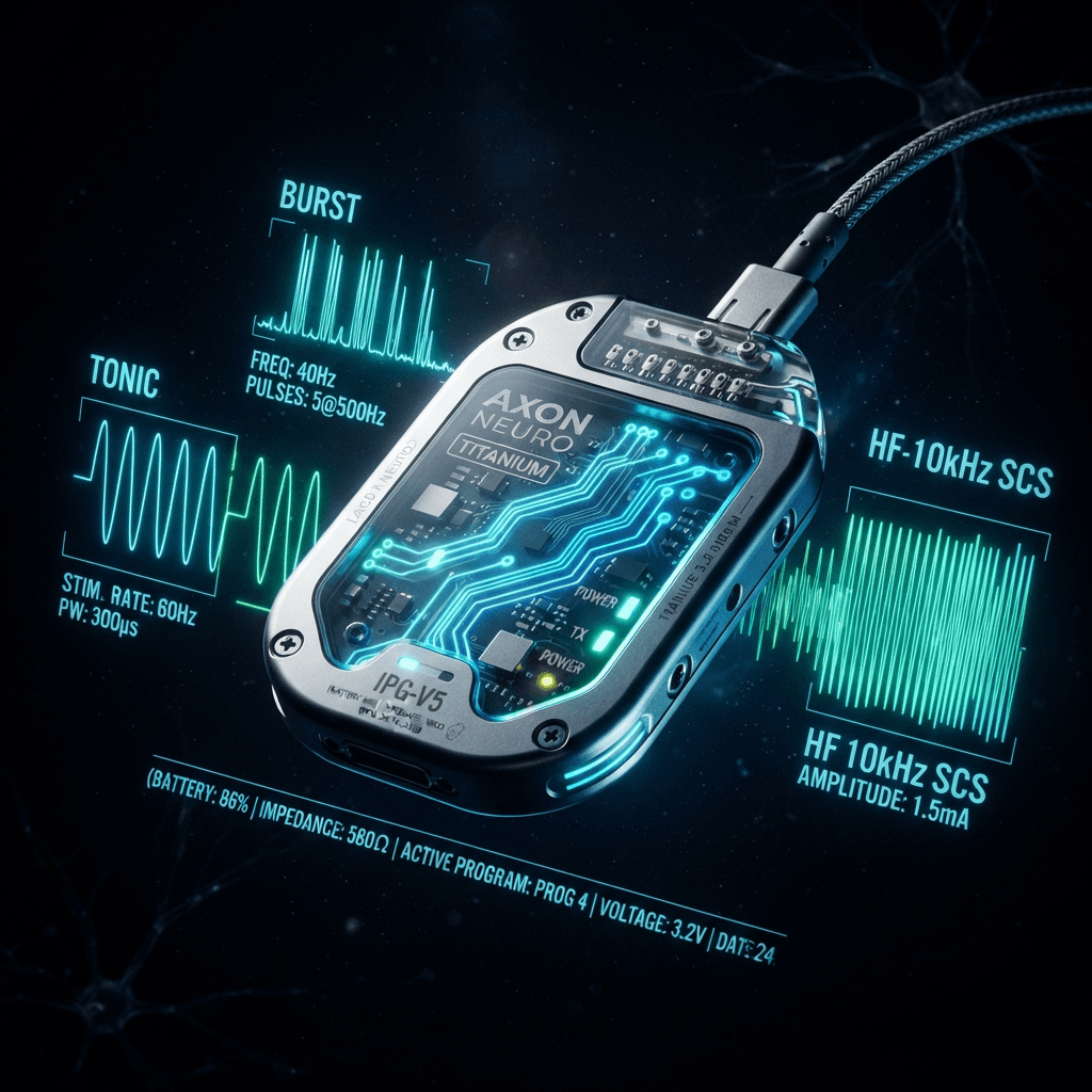 Futuristic implantable pulse generator device surrounded by holographic waveform displays showing tonic, burst and high-frequency SCS waveform patterns in cyan and electric green