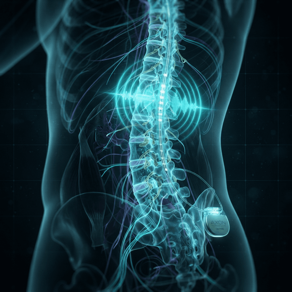 Ultra-high-tech holographic visualization of spinal cord stimulator leads threading through a translucent human spine with cyan electrical pulses radiating from the dorsal columns