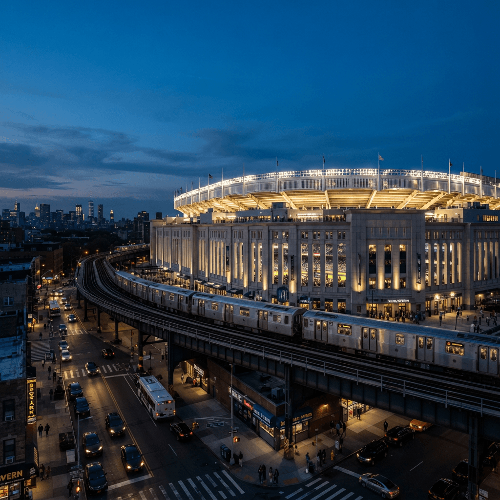 Yankee Stadium in the Bronx at dusk with stadium lights glowing beside the elevated subway line