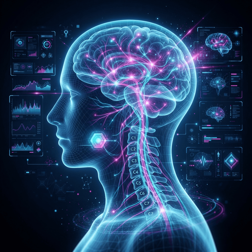 Glowing head and neck silhouette with a neural pain pathway map and a wearable biosensor patch