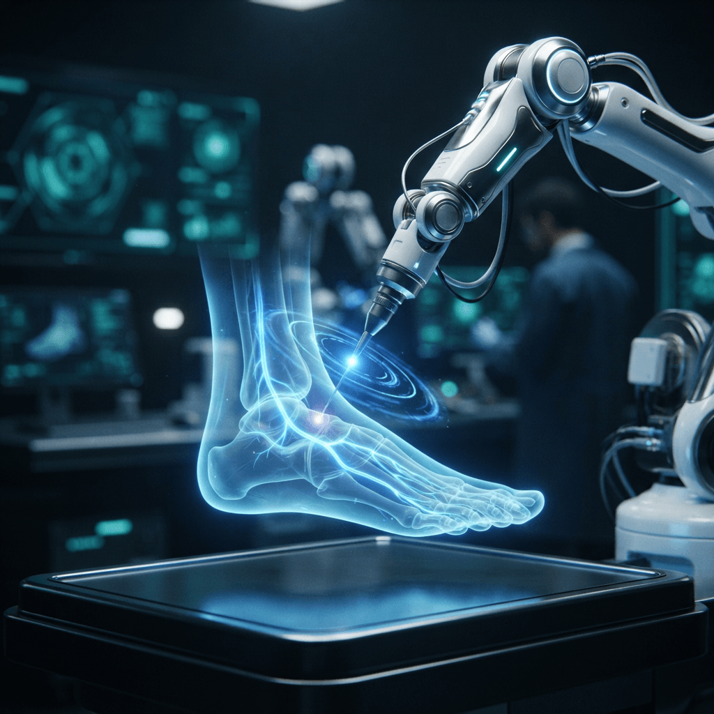 Robotic radiofrequency ablation probe arm hovering over a holographic foot and ankle with highlighted nerve pathways