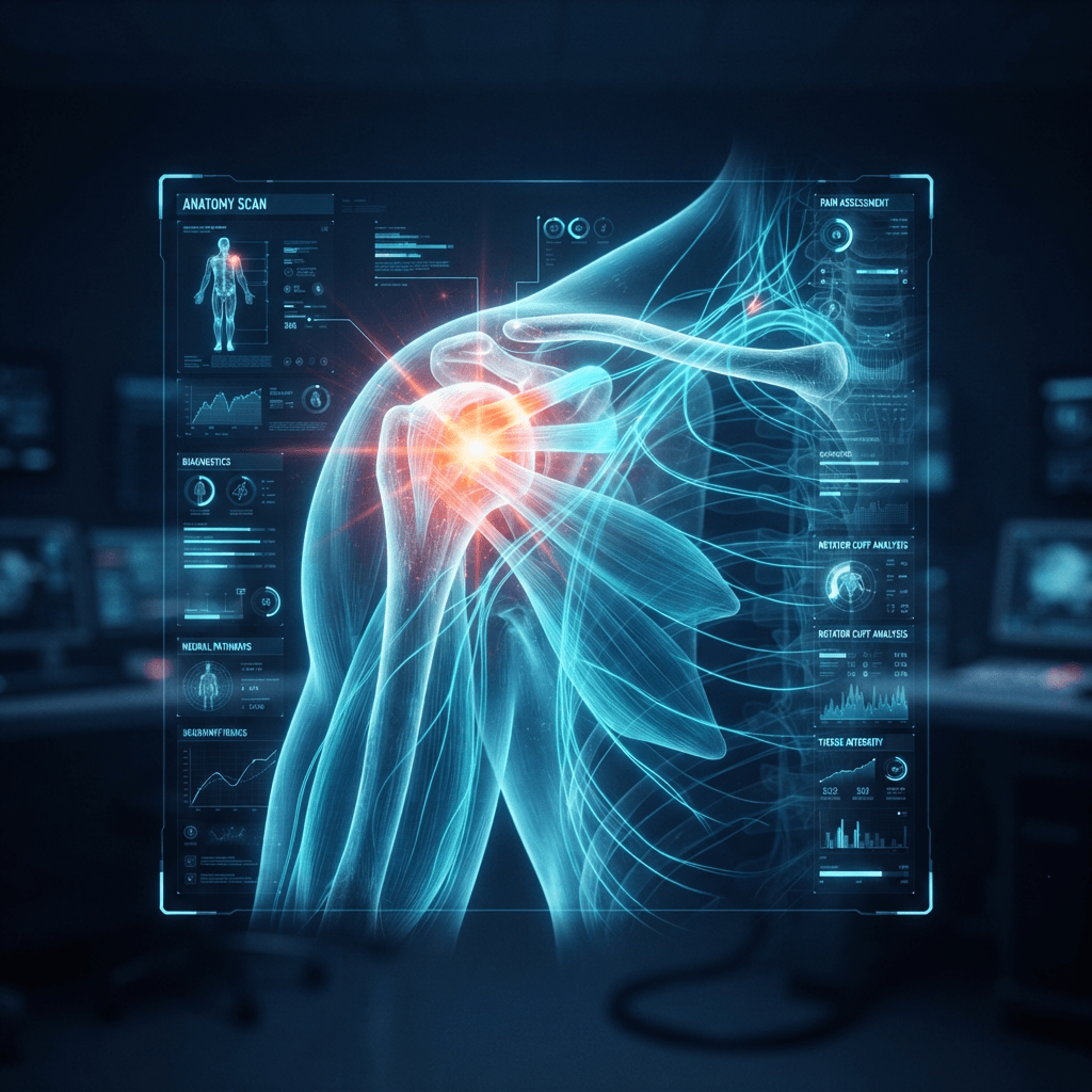 Holographic shoulder and upper arm scan with a glowing orange-red rotator cuff pain hotspot and cyan nerve pathways