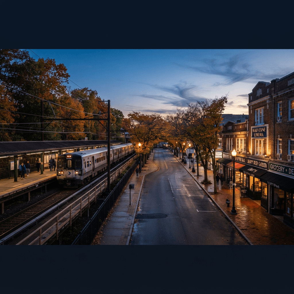 Malverne, Long Island village main street at dusk with brick storefronts, glowing shop lights and a Long Island Rail Road train at the station