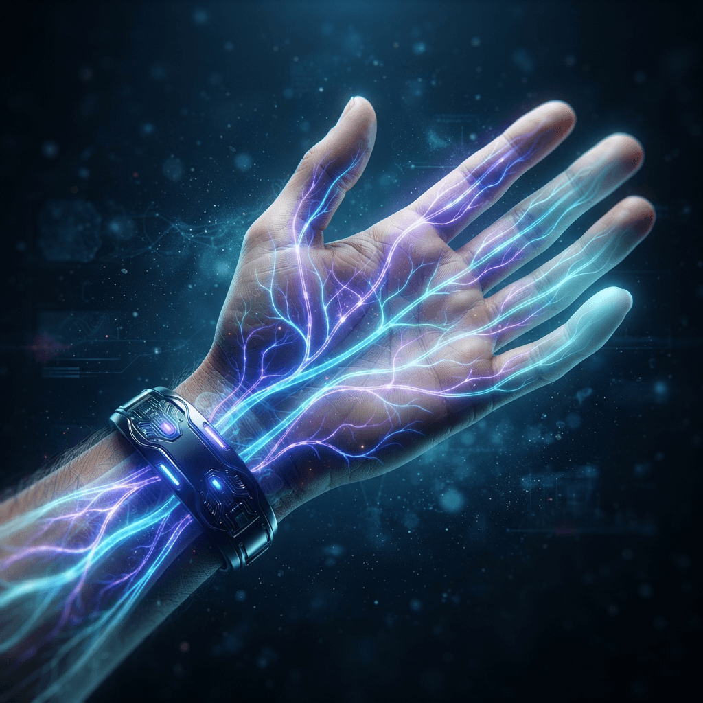 Glowing hand and wrist nerve map with a wearable neuromodulation band turning pain signals into calm light