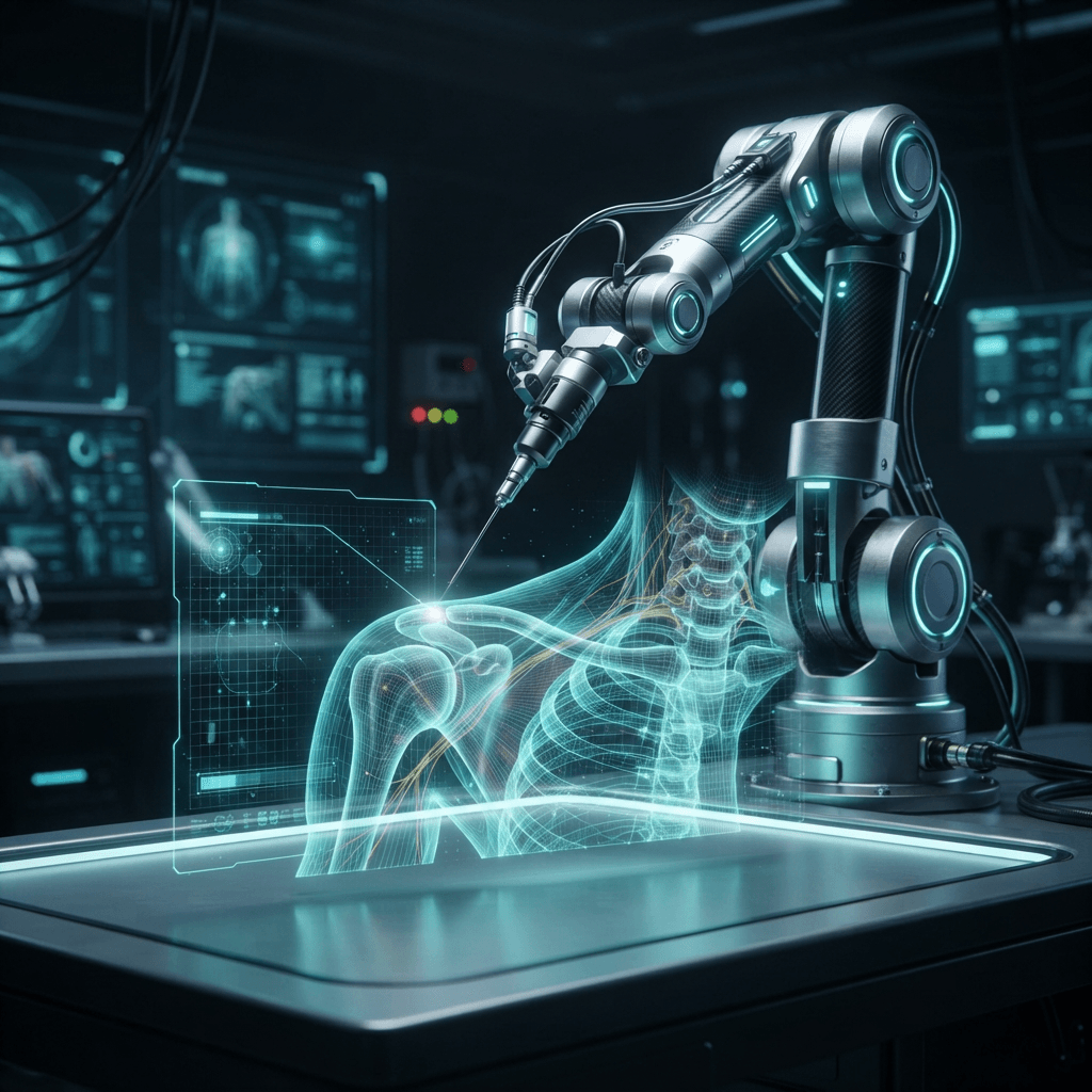 Robotic ultrasound-guided precision injection device over a holographic shoulder and neck anatomy scan
