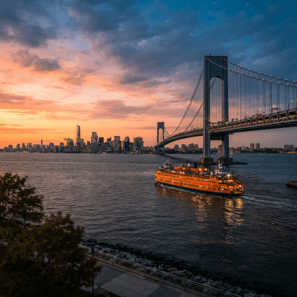 Staten Island Ferry crossing New York Harbor at sunset with the Verrazzano-Narrows Bridge and lower Manhattan skyline in the distance