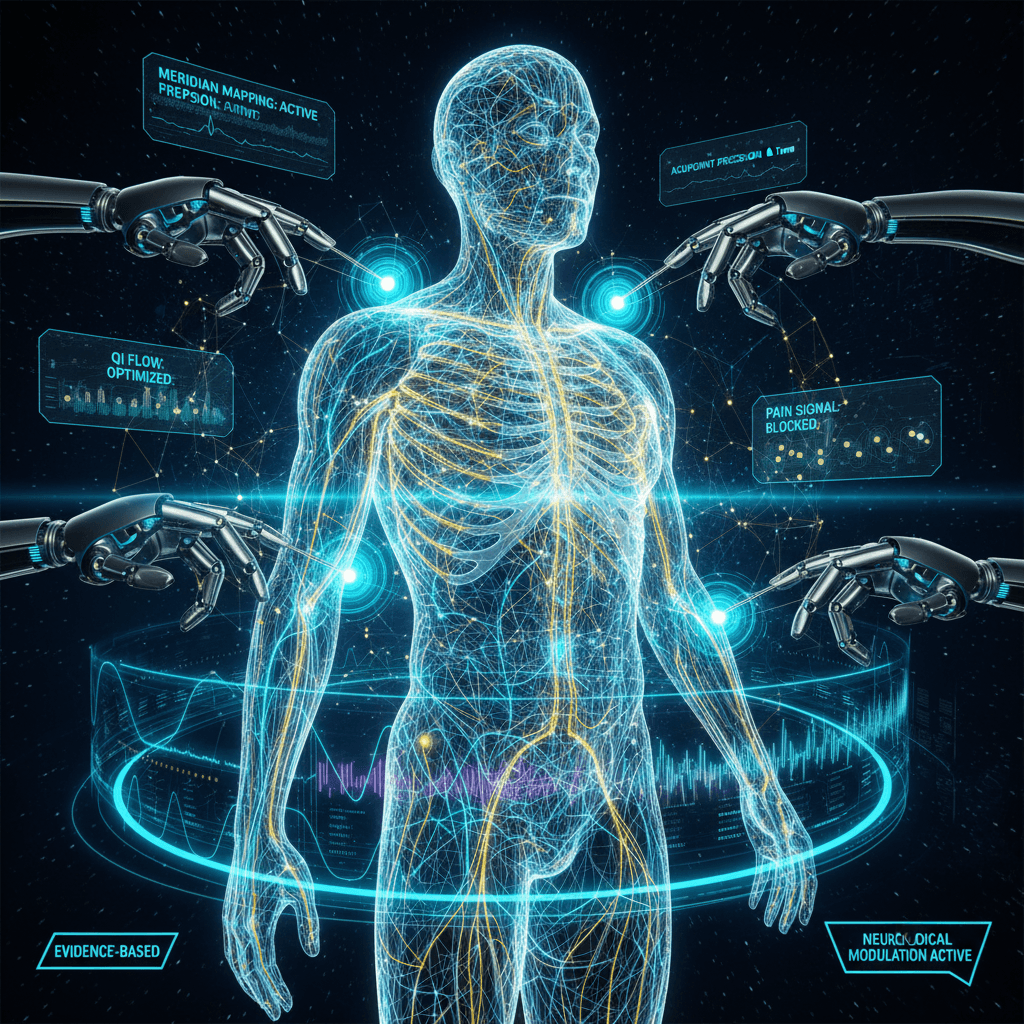 Ultra high-tech holographic visualization of medical acupuncture — bioluminescent meridian pathways mapped across a 3D human body silhouette with precision robotic needle placement, glowing acupoints, neural network overlays, and floating data panels displaying meridian mapping, acupoint precision, and pain signal interruption metrics