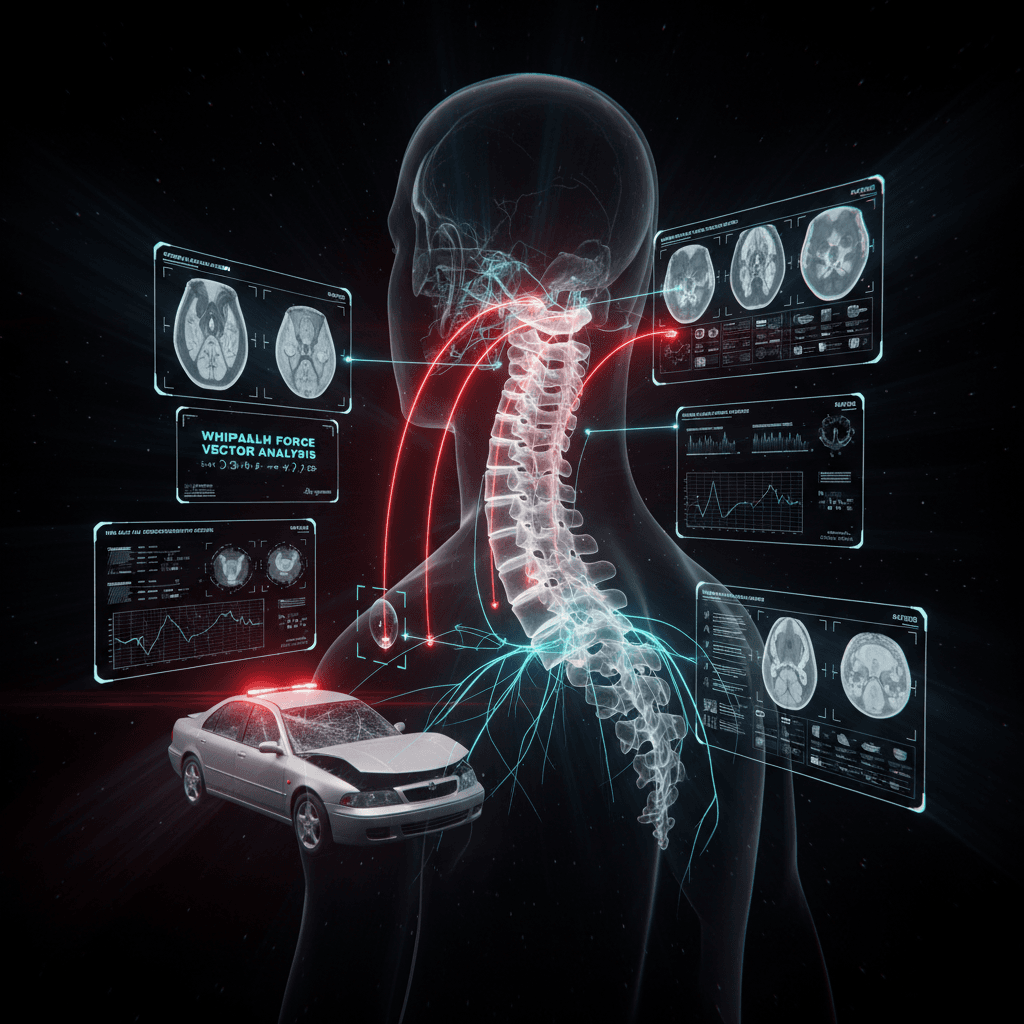 Cinematic ultra high-tech visualization of auto injury whiplash — crashed silver sedan with holographic 3D cervical spine, force-vector impact arcs, AR diagnostic HUD panels, bioluminescent neural pathways, and real-time biomechanical analysis for auto injury treatment at Queens Pain Clinic