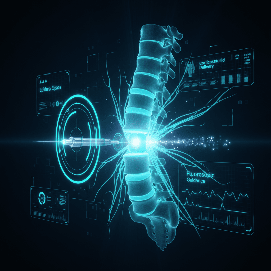 Physician reviewing a fluoroscopy image before an epidural steroid injection, with holographic spinal anatomy and a needle targeting the epidural space