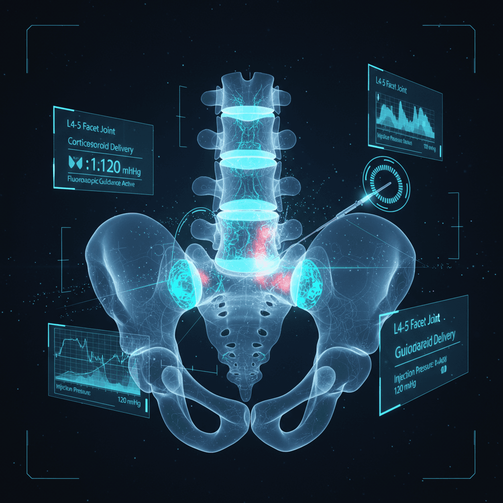 High-tech facet joint injection visualization with glowing spinal joints and holographic targeting