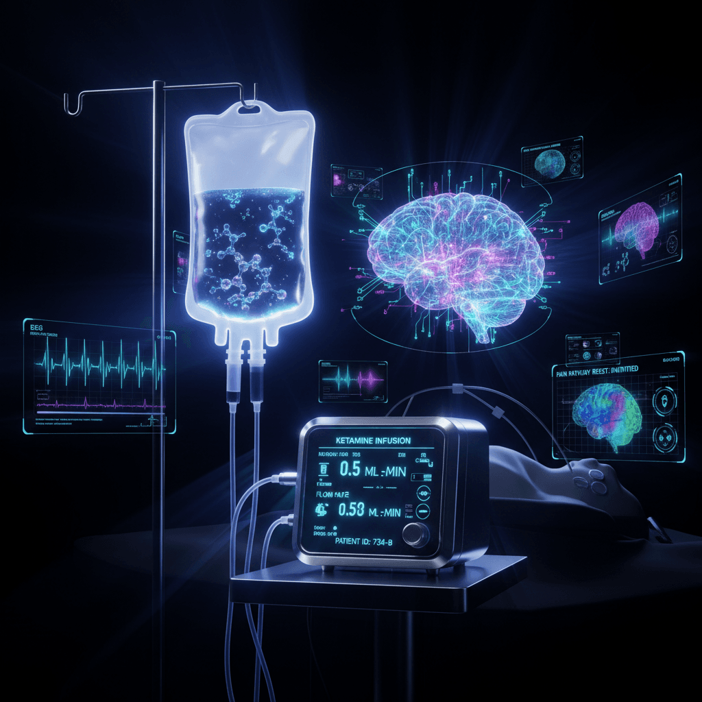 Ultra high-tech ketamine infusion therapy visualization with glowing molecular structures and holographic brain neural pathways
