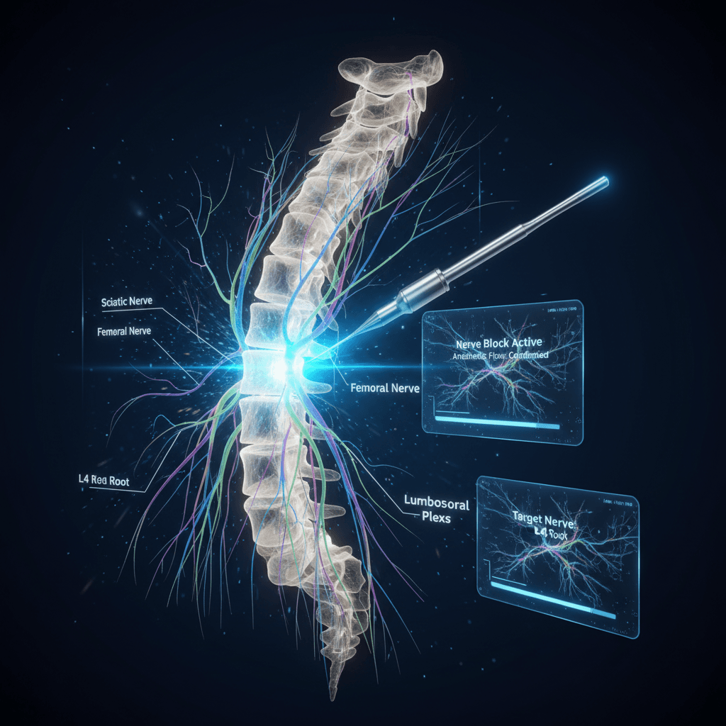 Ultra high-tech nerve block procedure with glowing bioluminescent nerve pathways and holographic nerve root mapping overlays