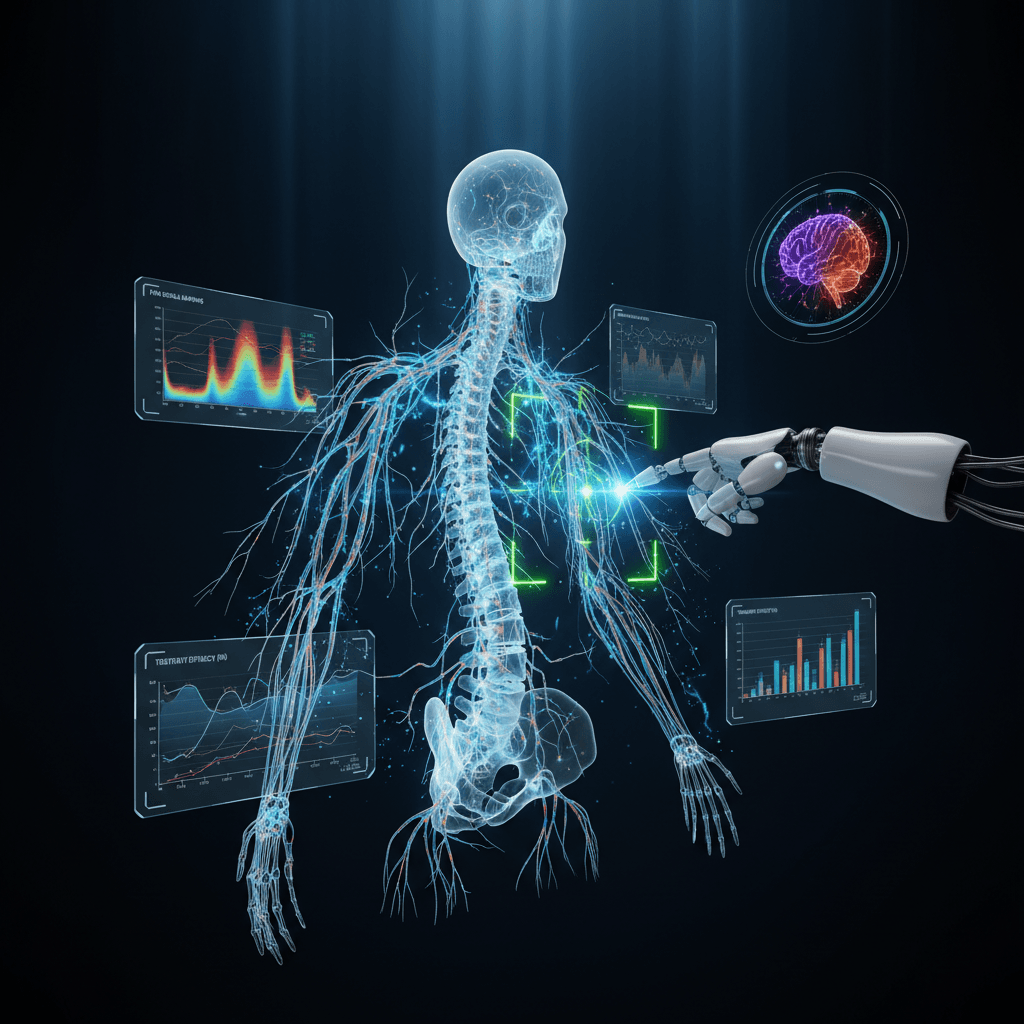Advanced multimodal pain management — dramatic holographic 3D spine and nervous system visualization with bioluminescent neural pathways, robotic precision injection targeting, and real-time pain signal mapping data panels
