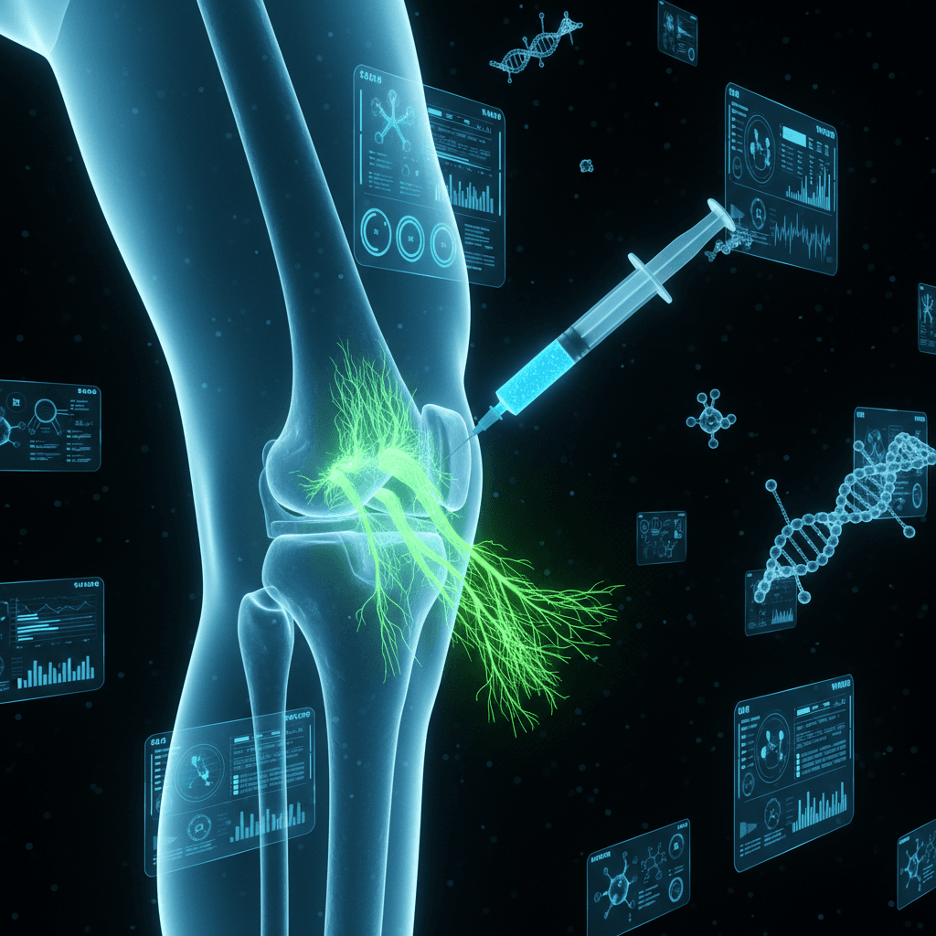 High-tech visualization of prolotherapy solution preparation showing dextrose concentration and injection technique with anatomical ligament attachment point detail