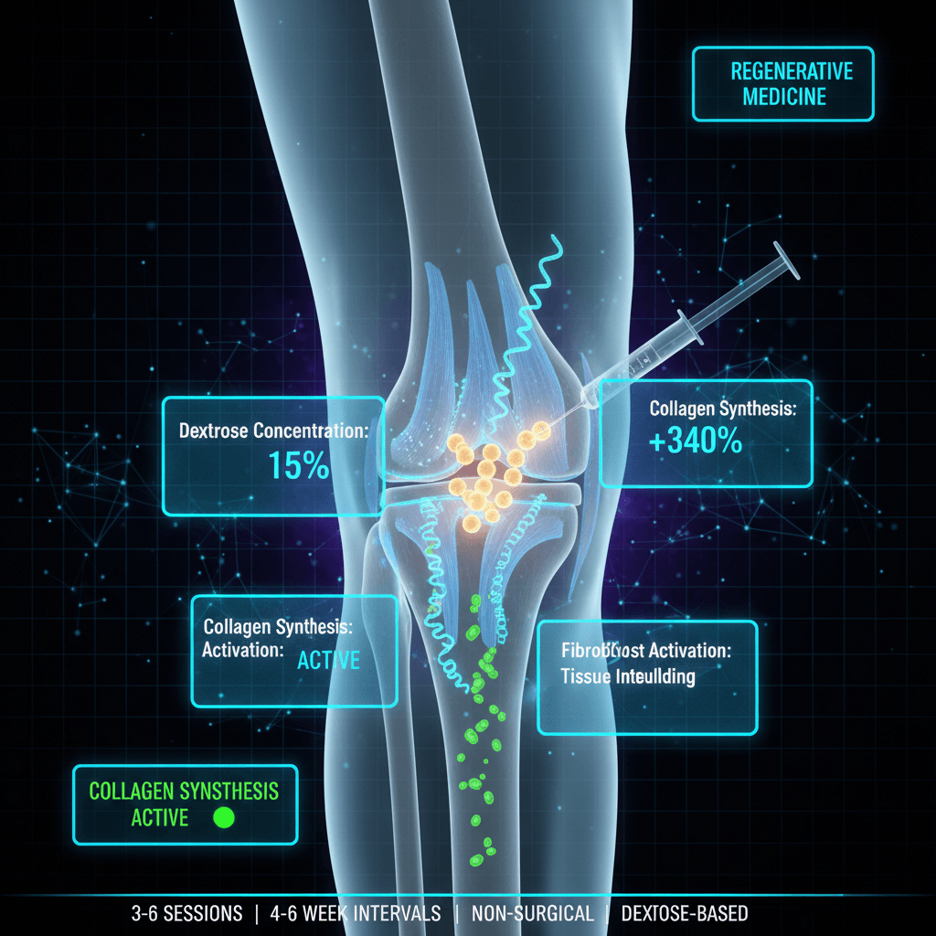 Holographic visualization of prolotherapy injection showing dextrose solution being delivered to a ligament attachment point with glowing collagen fiber regeneration