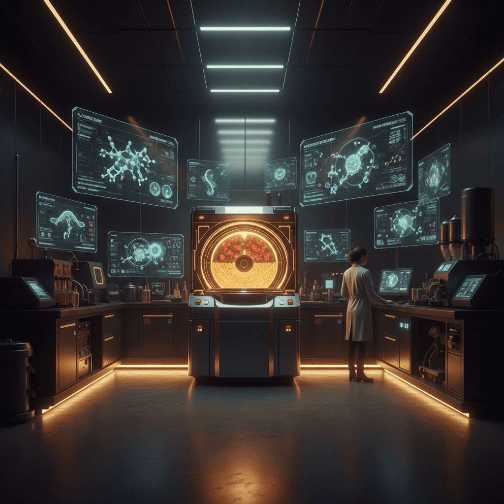 Ultra-modern PRP biotech lab with glowing centrifuge and holographic molecular biology displays
