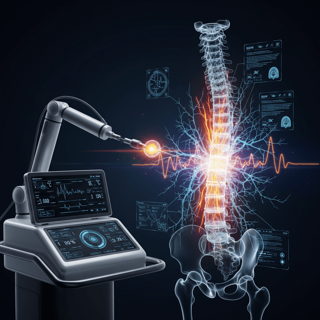 High-tech radiofrequency ablation neural treatment with glowing energy visualization and spine model