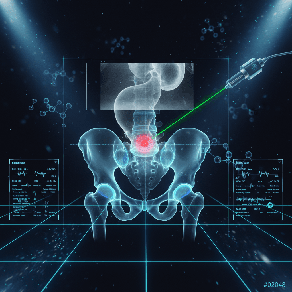High-tech visualization of sacroiliac joint injection procedure showing fluoroscopic guidance with contrast dye confirming needle position within the SI joint