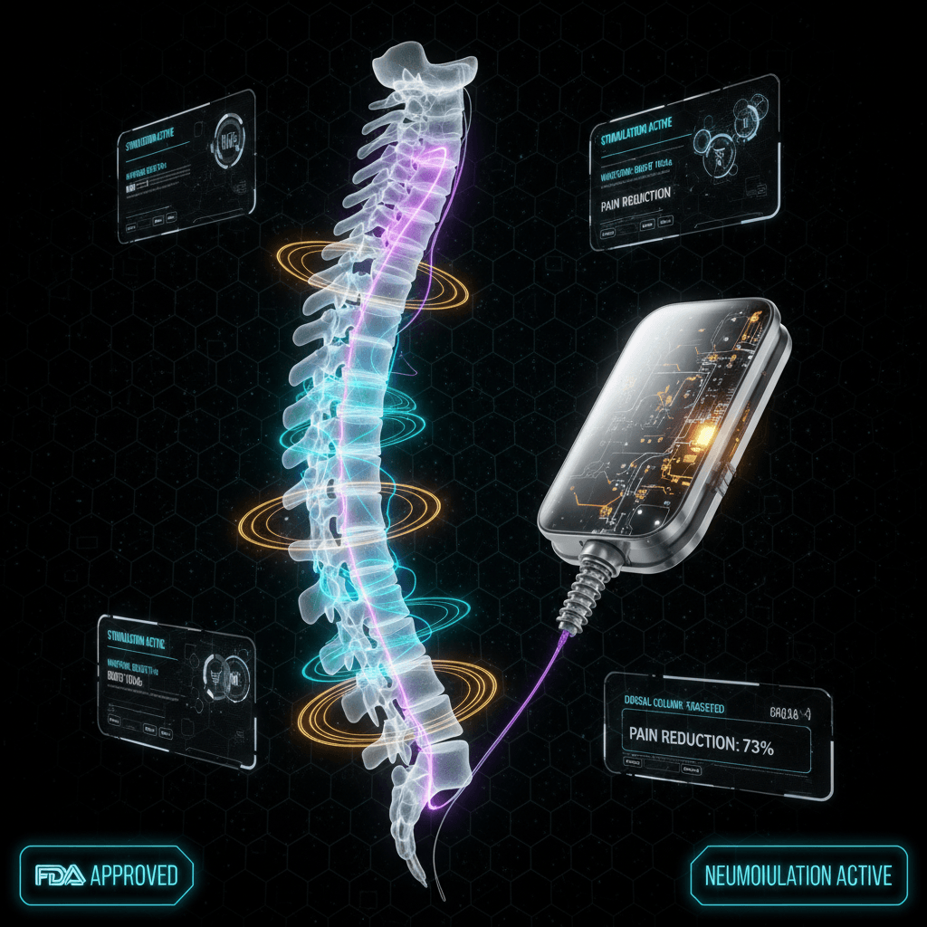 Illustration of a spinal cord stimulator: thin leads along the spine connected to a small pulse generator under the skin