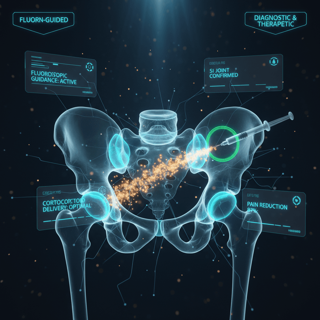 Holographic cross-section of the pelvis showing the sacroiliac joint anatomy with precision needle placement and glowing joint space highlighted in cyan