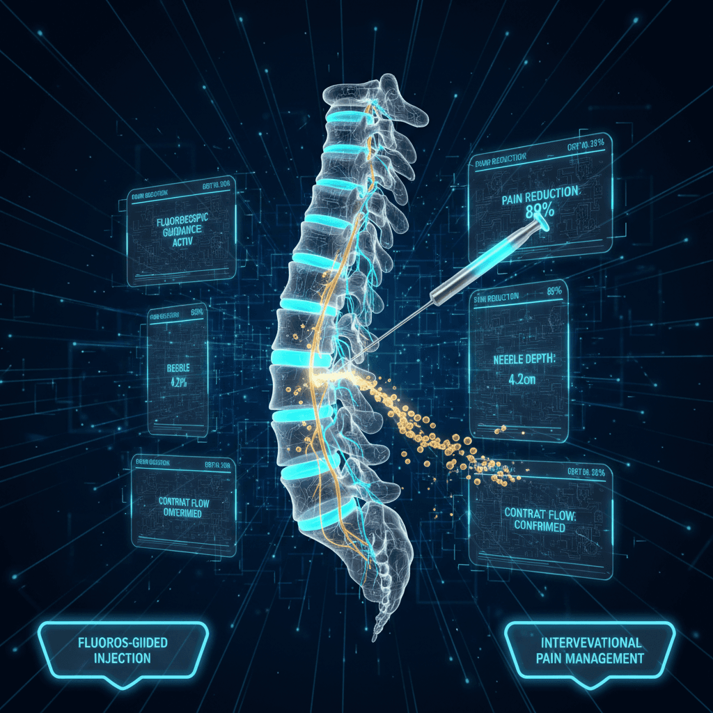 Illustration of a fluoroscopy-guided spinal injection with the needle reaching the epidural space near a spinal nerve root