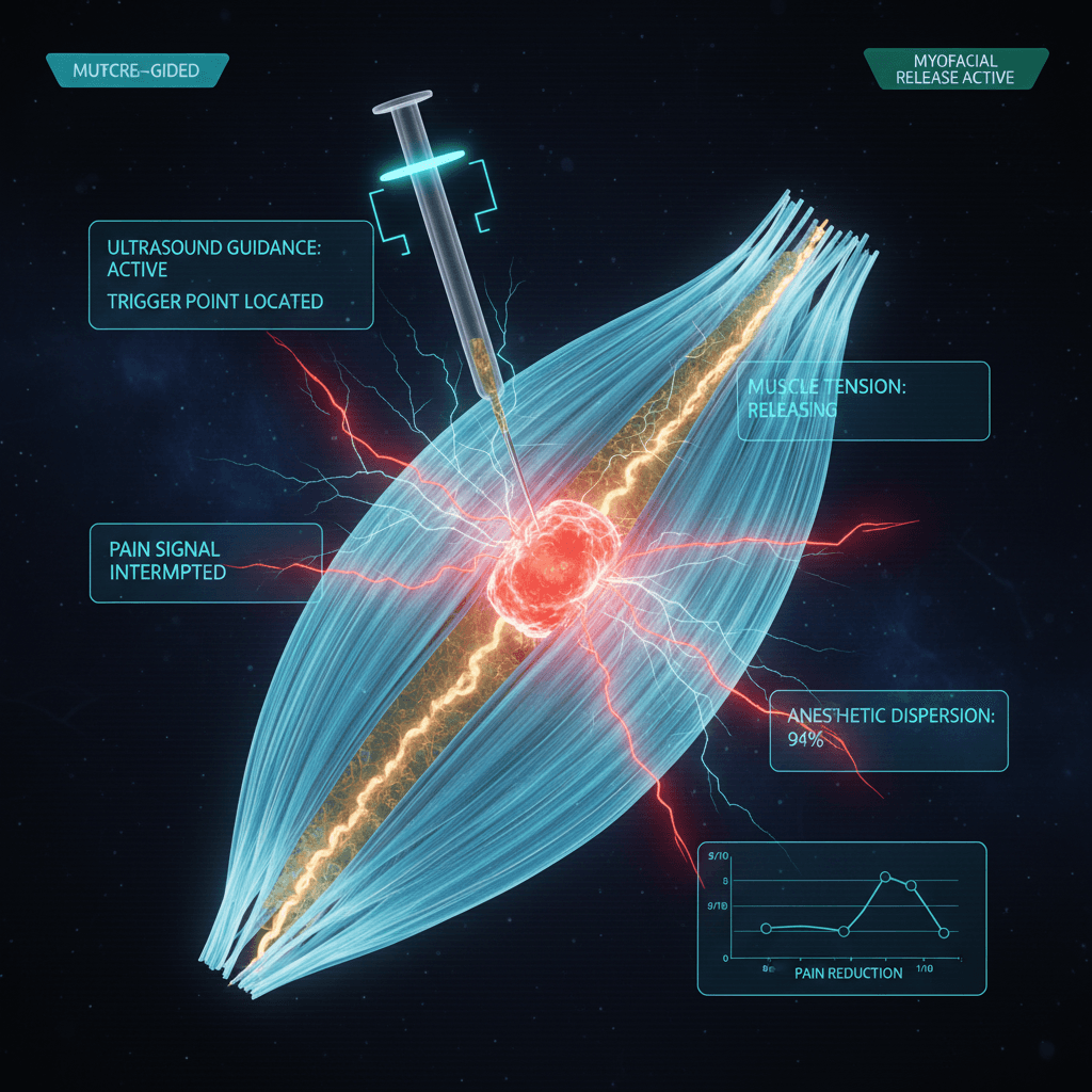 Holographic muscle anatomy visualization showing trigger point locations across the back and shoulder muscles with referred pain pathway mapping in neon colors