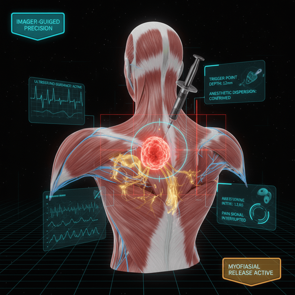 High-tech visualization of trigger point injection technique showing needle insertion into a taut muscle band with anatomical cross-section and pain pathway overlay