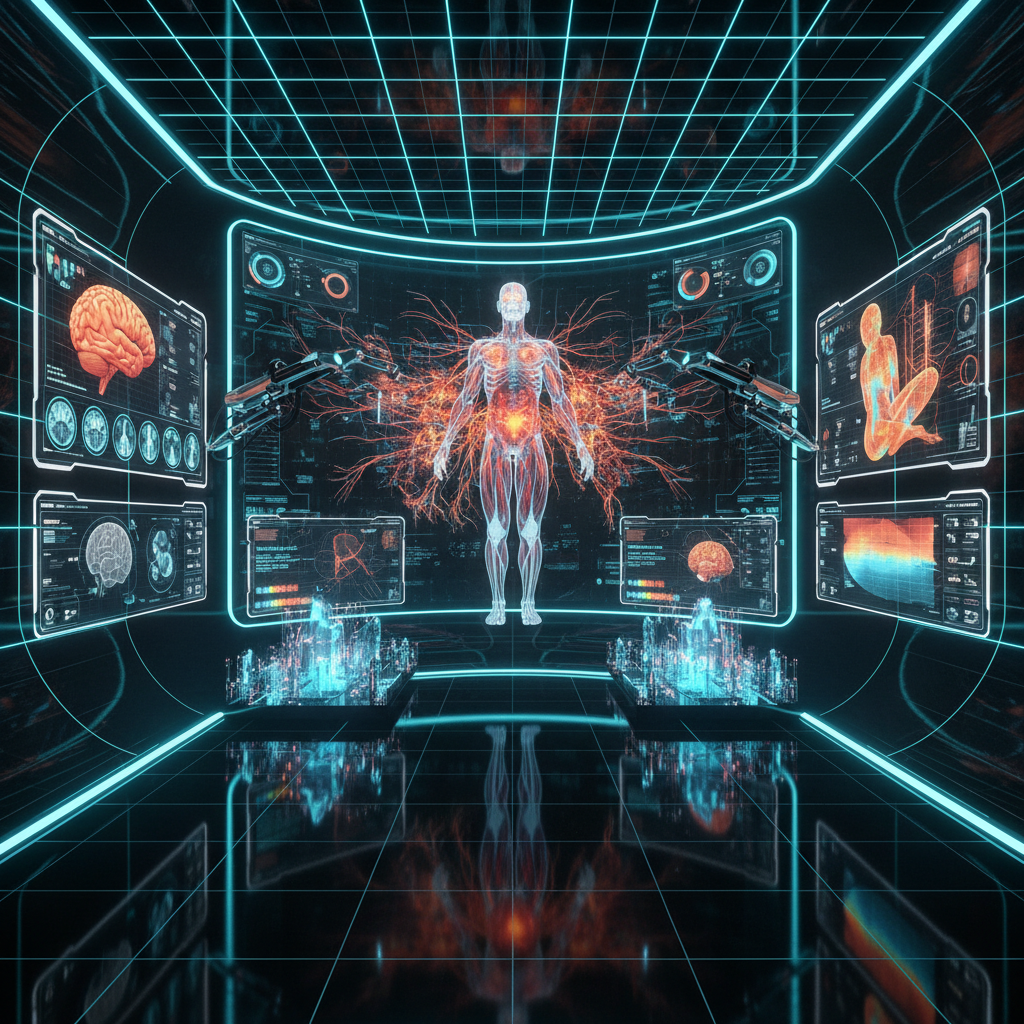 Ultra high-tech futuristic medical command center with holographic 3D neural pain mapping, floating AR diagnostic panels, and real-time biometric displays at Queens Pain Management Clinic