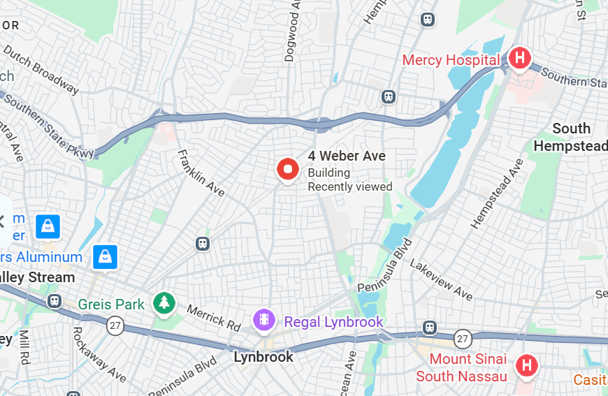 Wider map of Malverne and nearby Long Island towns showing routes to the Weber Avenue office